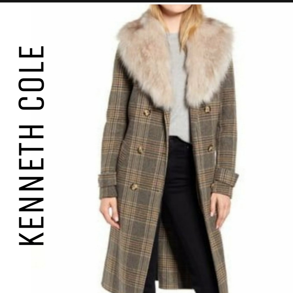 Kenneth Cole Double-Breasted Wool Plaid Long Coat.